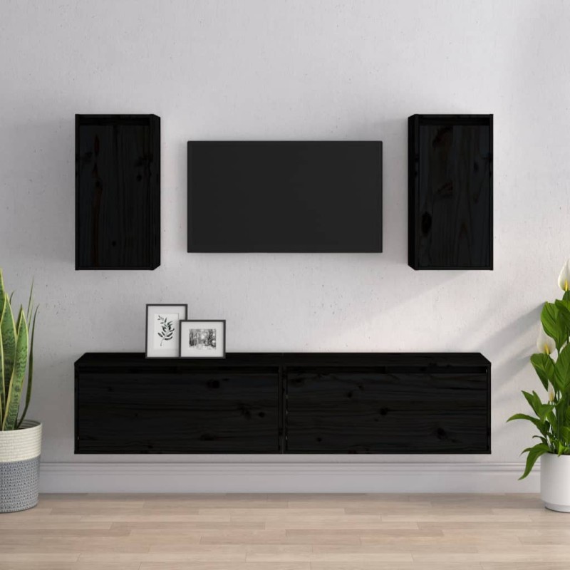 vidaXL Mobili Porta TV 4 pz Neri in Legno Massello di Pino vidaXL Mobili Porta TV 4 pz Neri in Legno Massello di Pino