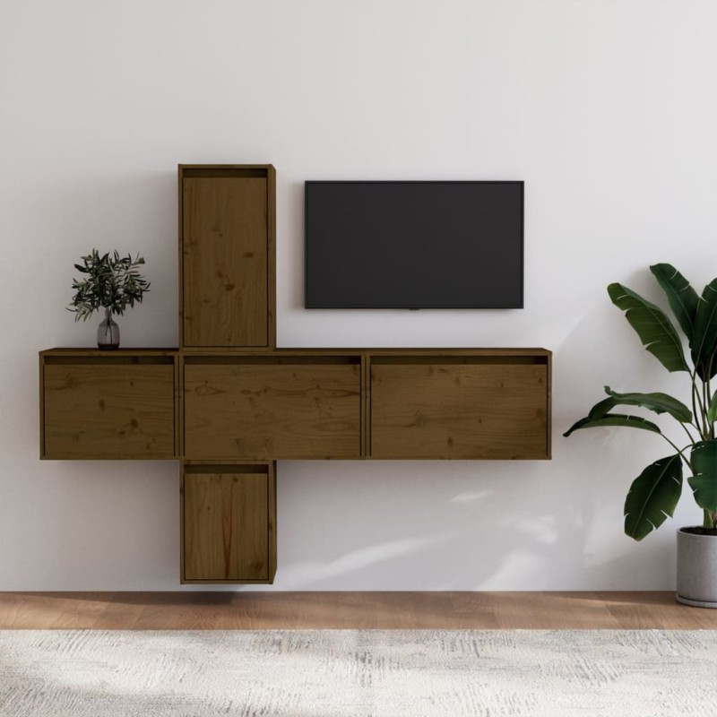 vidaXL Mobili Porta TV 5 pz Miele in Legno Massello di Pino vidaXL Mobili Porta TV 5 pz Miele in Legno Massello di Pino