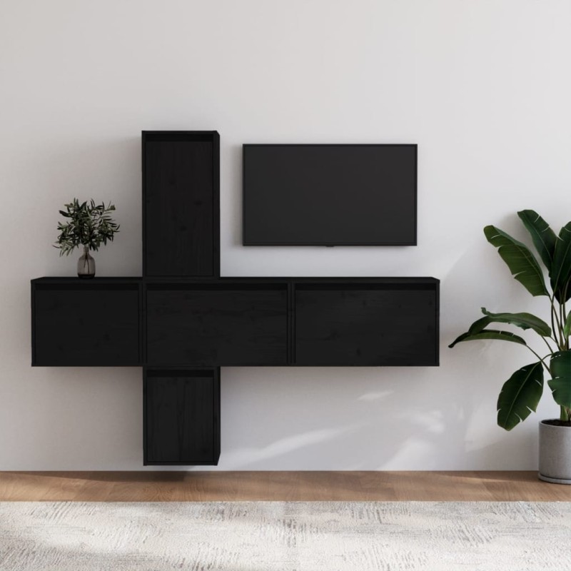 vidaXL Mobili Porta TV 5 pz Neri in Legno Massello di Pino vidaXL Mobili Porta TV 5 pz Neri in Legno Massello di Pino