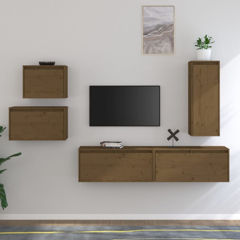 vidaXL Mobili Porta TV 5 pz Miele in Legno Massello di Pino vidaXL Mobili Porta TV 5 pz Miele in Legno Massello di Pino