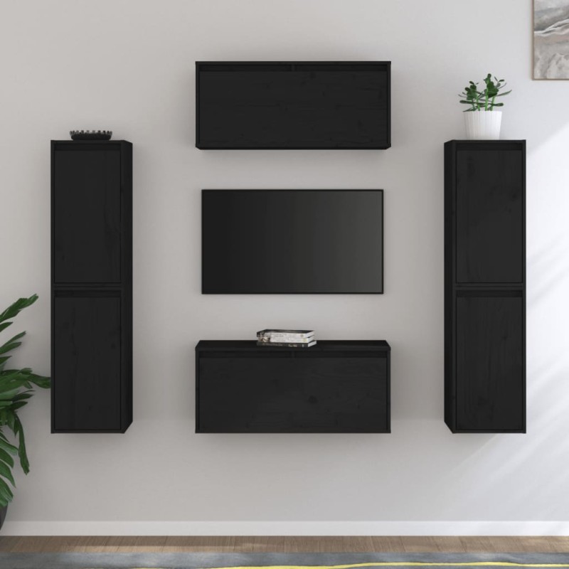 vidaXL Mobili Porta TV 6 pz Neri in Legno Massello di Pino vidaXL Mobili Porta TV 6 pz Neri in Legno Massello di Pino