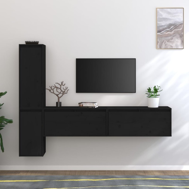 vidaXL Mobili Porta TV 4 pz Neri in Legno Massello di Pino vidaXL Mobili Porta TV 4 pz Neri in Legno Massello di Pino