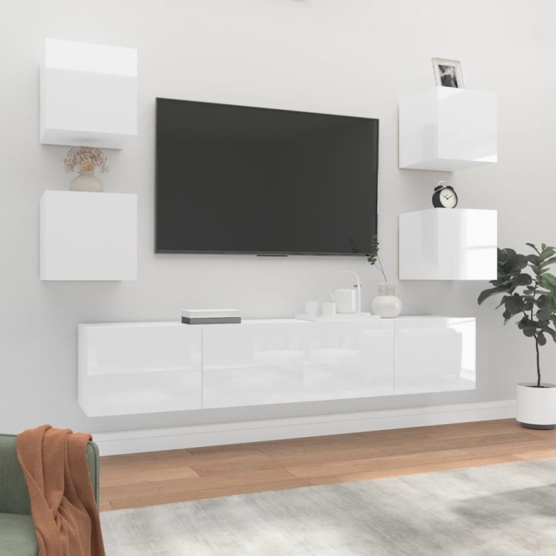 vidaXL Set di Mobili Porta TV 6 pz Bianco Lucido in Legno Multistrato vidaXL Set di Mobili Porta TV 6 pz Bianco Lucido in Legno Multistrato