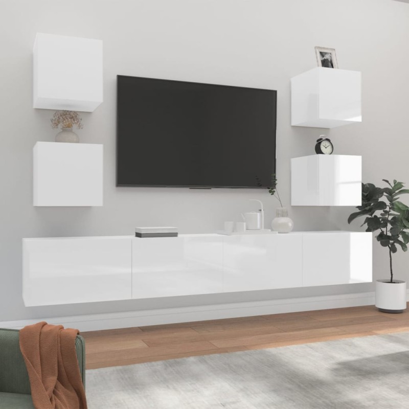 vidaXL Set di Mobili Porta TV 6 pz Bianco Lucido in Legno Multistrato vidaXL Set di Mobili Porta TV 6 pz Bianco Lucido in Legno Multistrato