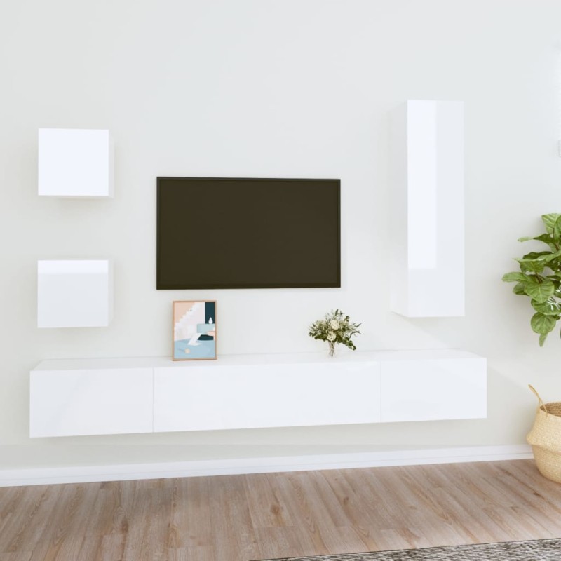 vidaXL Set di Mobili Porta TV 5 pz Bianco Lucido in Legno Multistrato vidaXL Set di Mobili Porta TV 5 pz Bianco Lucido in Legno Multistrato