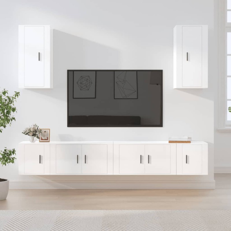vidaXL Set di Mobili Porta TV 6 pz Bianco Lucido in Legno Multistrato vidaXL Set di Mobili Porta TV 6 pz Bianco Lucido in Legno Multistrato