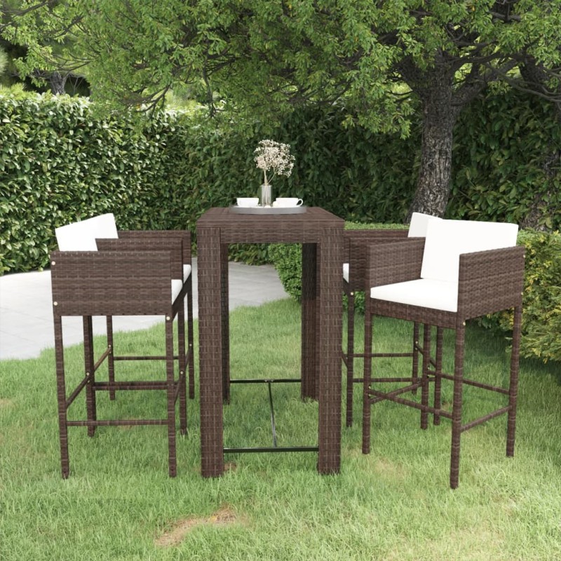 vidaXL Set da Bar da Giardino 5 pz con Cuscini in Polyrattan Marrone vidaXL Set da Bar da Giardino 5 pz con Cuscini in Polyrattan Marrone