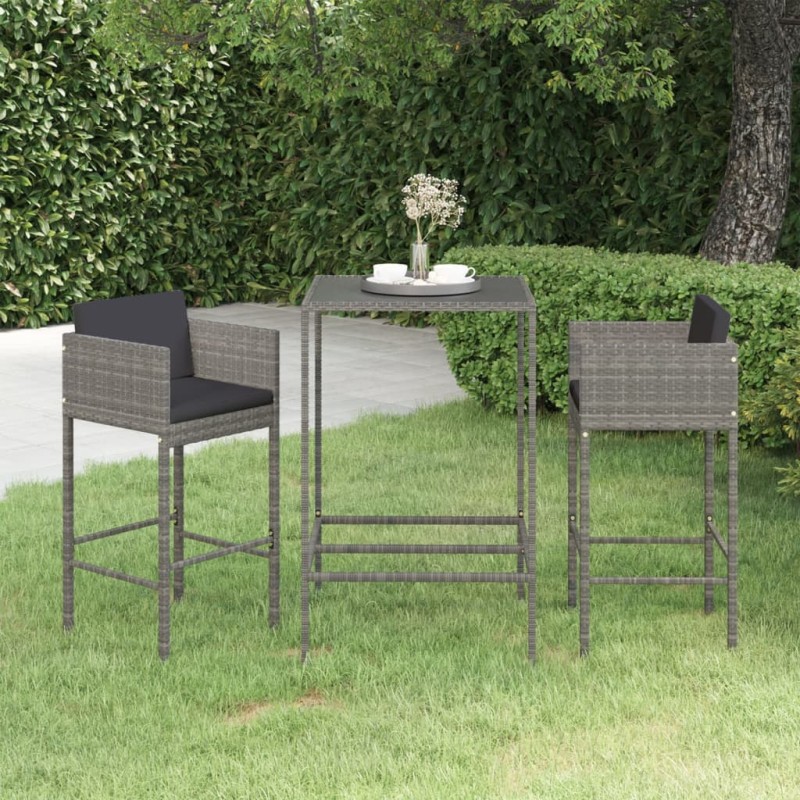 vidaXL Set Bar da Giardino 3 pz con Cuscini in Polyrattan Grigio vidaXL Set Bar da Giardino 3 pz con Cuscini in Polyrattan Grigio