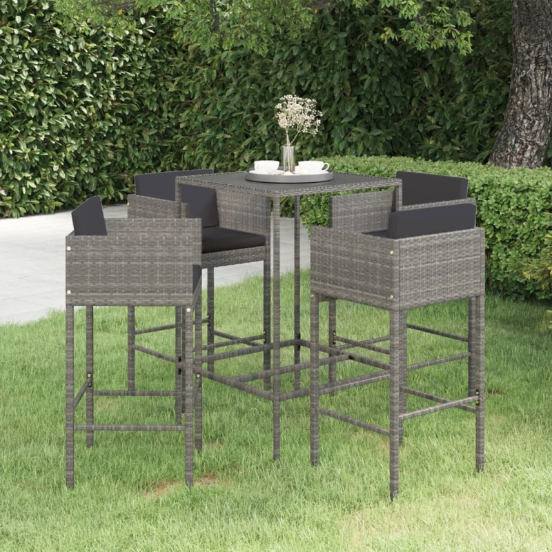 vidaXL Set da Bar da Giardino 5 pz con Cuscini in Polyrattan Grigio vidaXL Set da Bar da Giardino 5 pz con Cuscini in Polyrattan Grigio