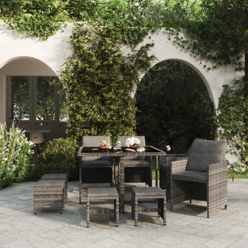 vidaXL Set da Pranzo per Giardino 9 pz con Cuscini Polyrattan Grigio vidaXL Set da Pranzo per Giardino 9 pz con Cuscini Polyrattan Grigio