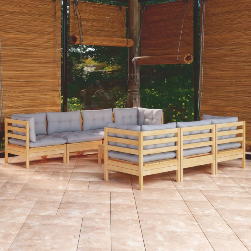 vidaXL Set Divani da Giardino 8 pz con Cuscini Grigi Massello di Pino vidaXL Set Divani da Giardino 8 pz con Cuscini Grigi Massello di Pino