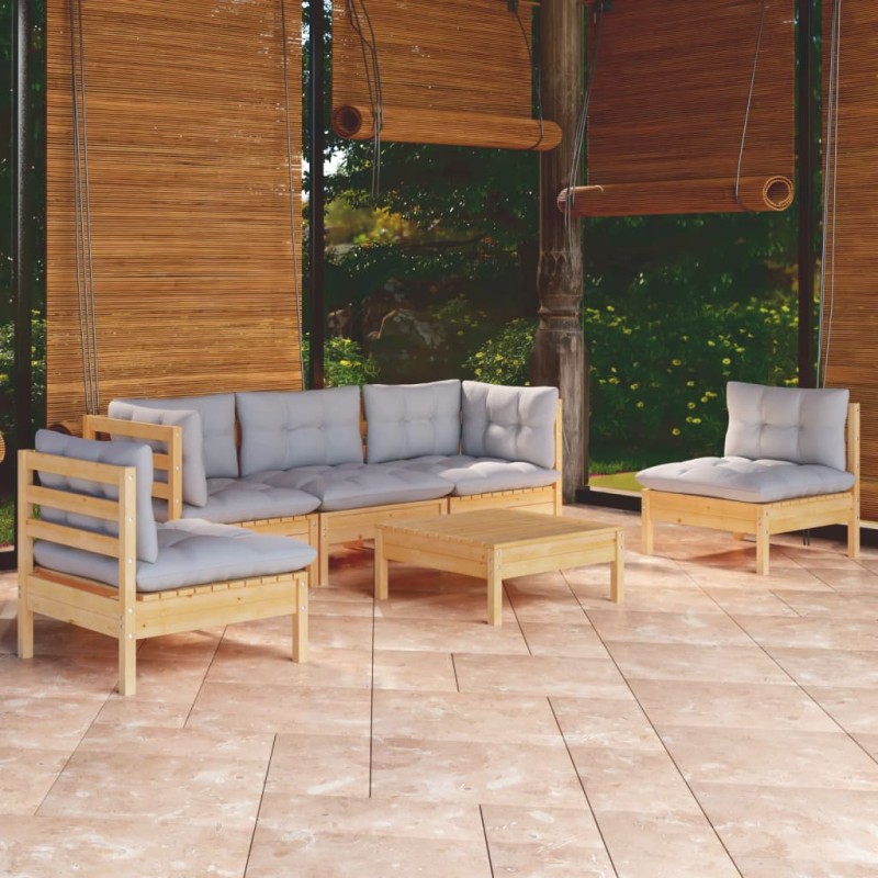vidaXL Set Divani da Giardino 6 pz con Cuscini Grigi Massello di Pino vidaXL Set Divani da Giardino 6 pz con Cuscini Grigi Massello di Pino