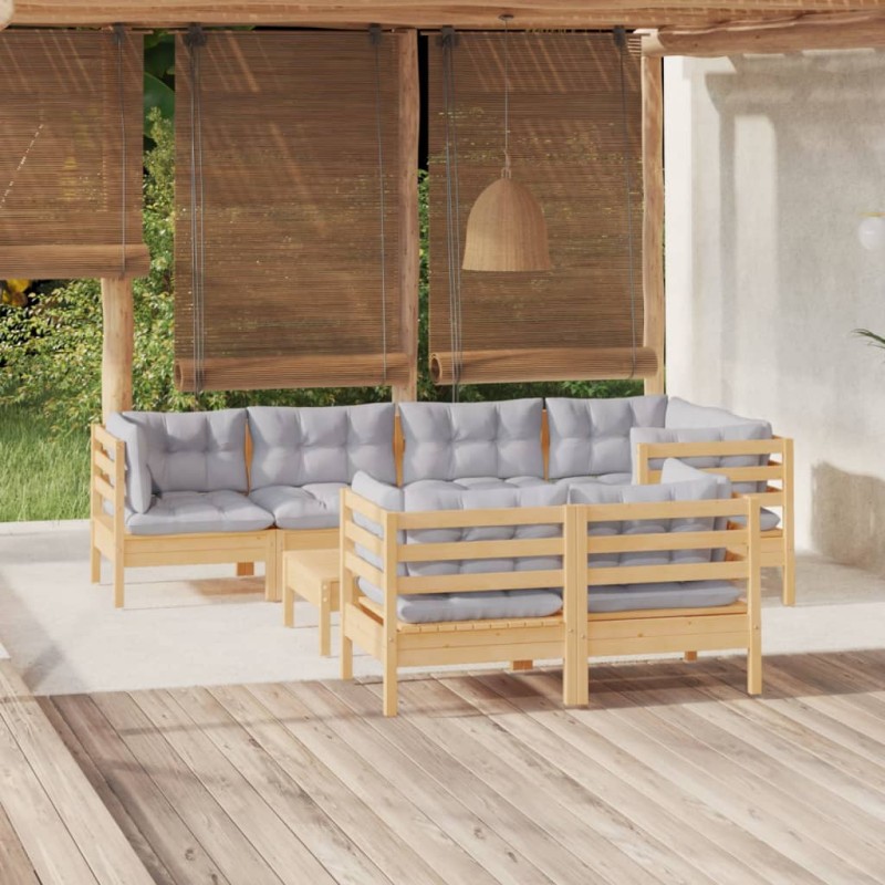 vidaXL Set Divani da Giardino 8 pz con Cuscini Grigi Massello di Pino vidaXL Set Divani da Giardino 8 pz con Cuscini Grigi Massello di Pino
