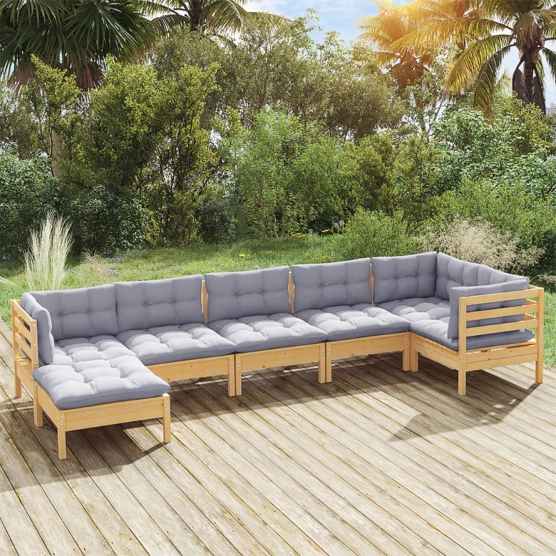 vidaXL Set Divani da Giardino 7 pz con Cuscini Grigi Massello di Pino vidaXL Set Divani da Giardino 7 pz con Cuscini Grigi Massello di Pino