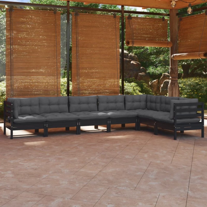 vidaXL Set Divani da Giardino 7 pz con Cuscini Neri Massello di Pino vidaXL Set Divani da Giardino 7 pz con Cuscini Neri Massello di Pino