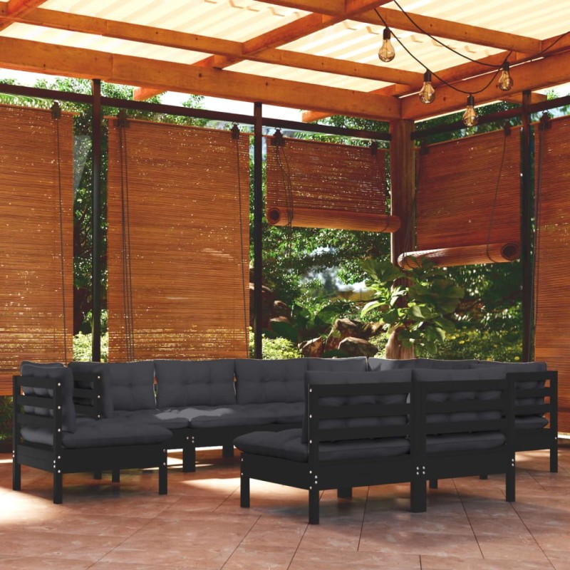 vidaXL Set Divani da Giardino 9 pz con Cuscini Neri Massello di Pino vidaXL Set Divani da Giardino 9 pz con Cuscini Neri Massello di Pino