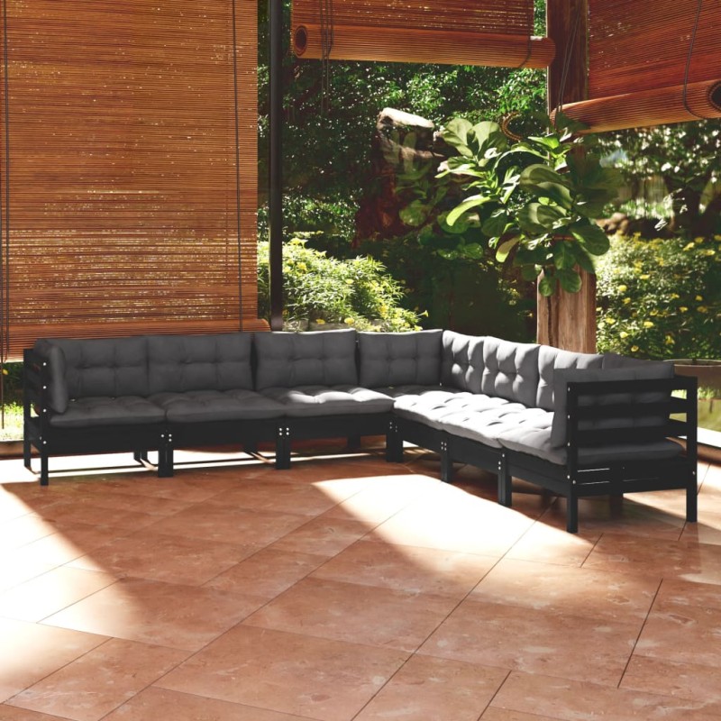 vidaXL Set Divani da Giardino 7 pz con Cuscini Neri Massello di Pino vidaXL Set Divani da Giardino 7 pz con Cuscini Neri Massello di Pino