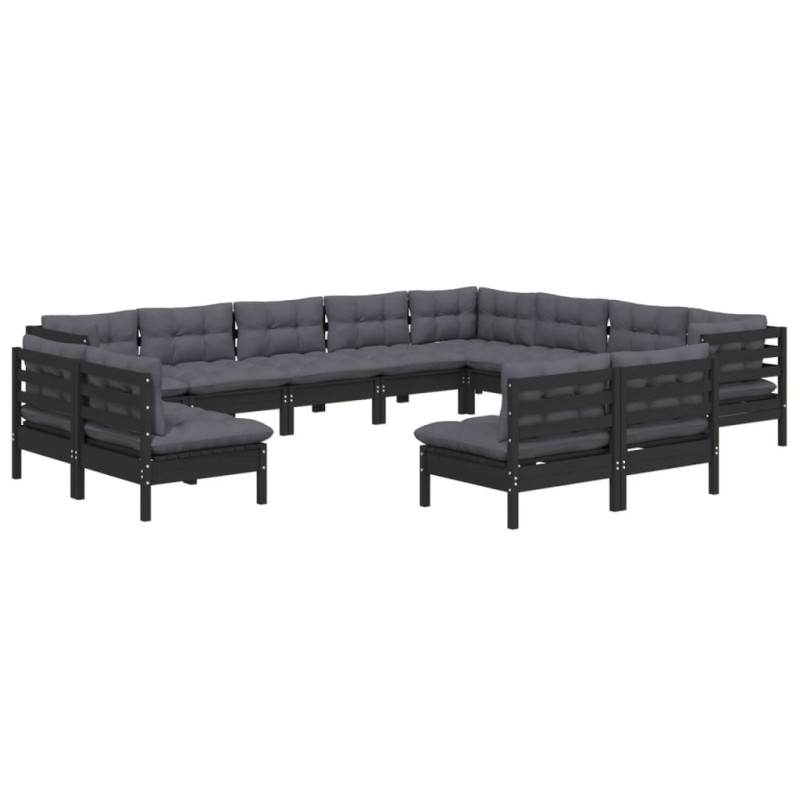 vidaXL Set Divani da Giardino 12 pz con Cuscini Neri Massello di Pino vidaXL Set Divani da Giardino 12 pz con Cuscini Neri Massello di Pino
