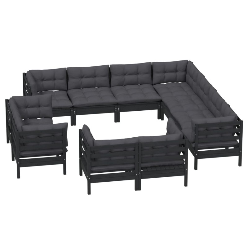 vidaXL Set Divani da Giardino 11 pz con Cuscini Neri Massello di Pino vidaXL Set Divani da Giardino 11 pz con Cuscini Neri Massello di Pino