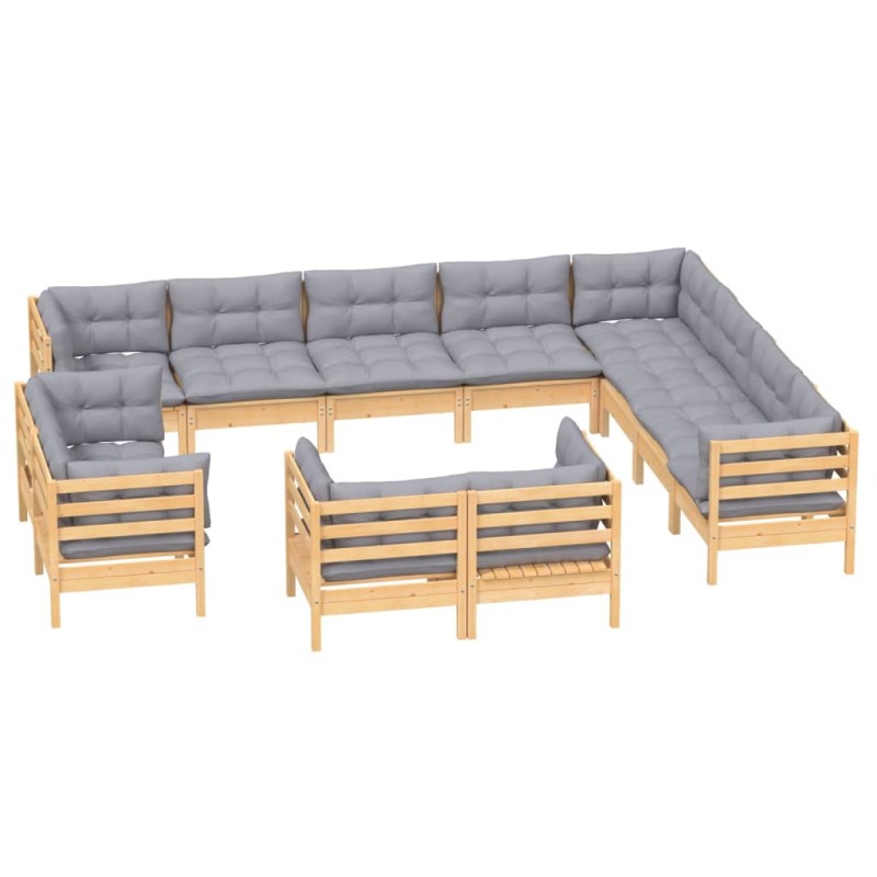 vidaXL Set Divani da Giardino 12 pz con Cuscini Grigi Massello di Pino