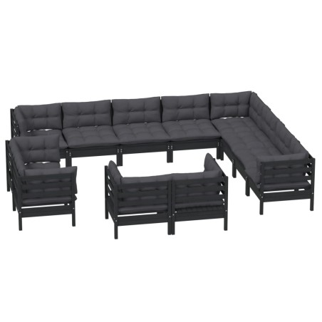 vidaXL Set Divani da Giardino 12 pz con Cuscini Neri Massello di Pino