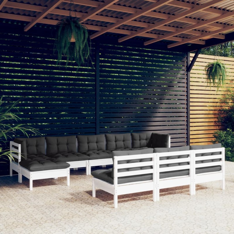 vidaXL Set Divani da Giardino 10 pz con Cuscini Bianchi Legno di Pino vidaXL Set Divani da Giardino 10 pz con Cuscini Bianchi Legno di Pino