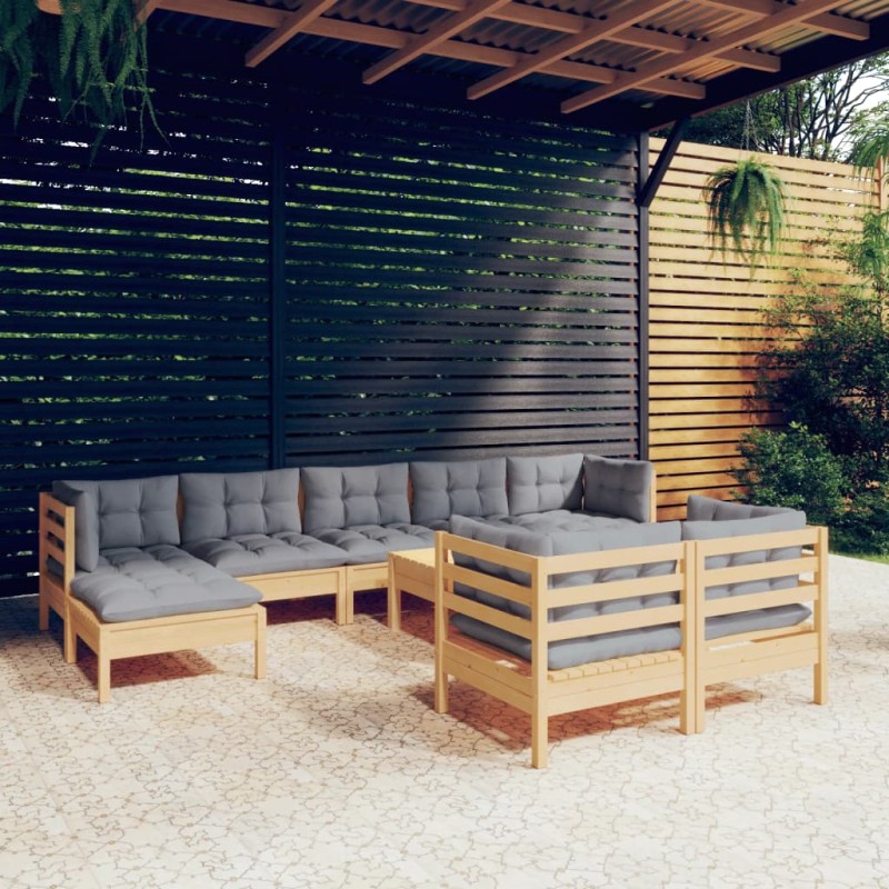 vidaXL Set Divani da Giardino 10 pz con Cuscini Grigi Massello di Pino vidaXL Set Divani da Giardino 10 pz con Cuscini Grigi Massello di Pino
