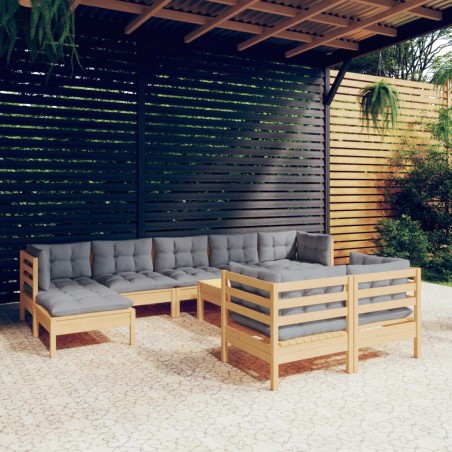 vidaXL Set Divani da Giardino 10 pz con Cuscini Grigi Massello di Pino