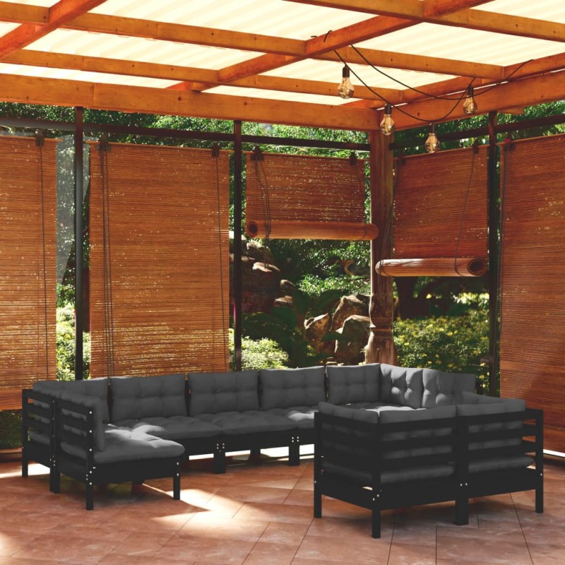 vidaXL Set Divani da Giardino 9 pz con Cuscini Neri Massello di Pino vidaXL Set Divani da Giardino 9 pz con Cuscini Neri Massello di Pino