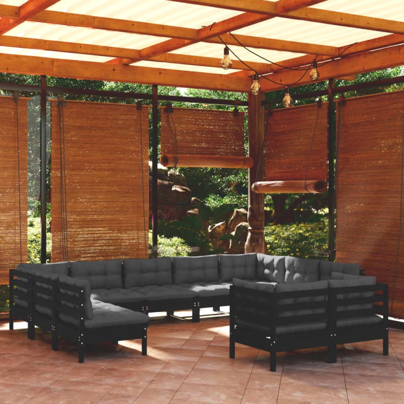 vidaXL Set Divani da Giardino 11 pz con Cuscini Neri Massello di Pino