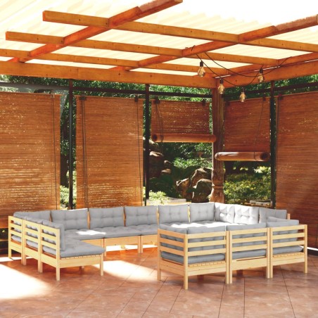 vidaXL Set Divani da Giardino 13 pz con Cuscini Grigi Massello di Pino