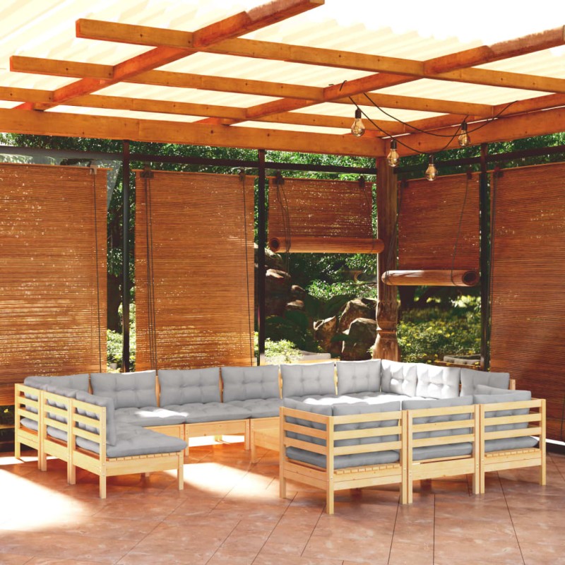 vidaXL Set Divani da Giardino 14 pz con Cuscini Grigi Massello di Pino vidaXL Set Divani da Giardino 14 pz con Cuscini Grigi Massello di Pino