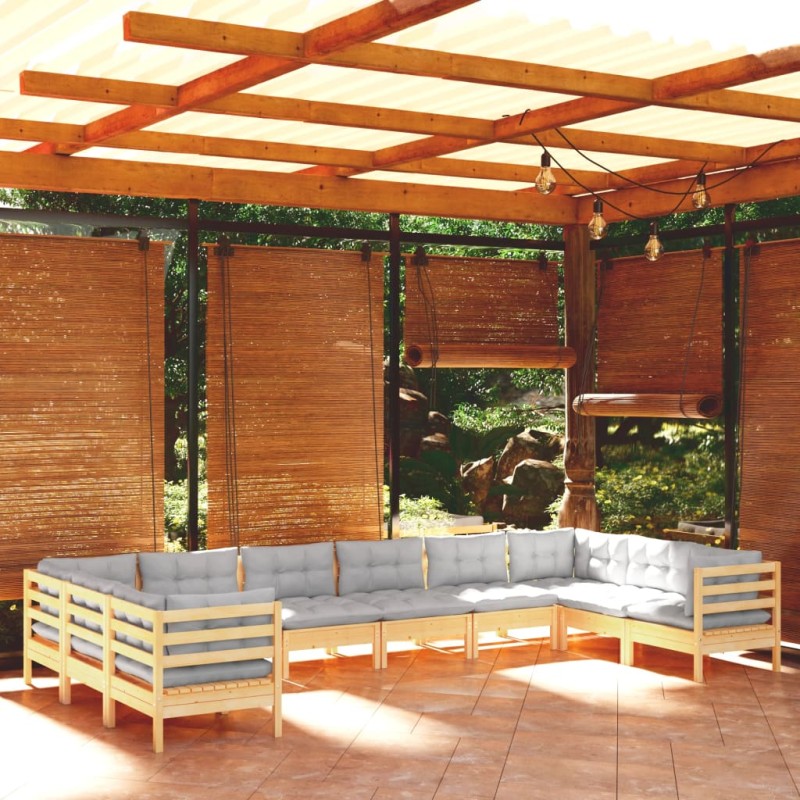 vidaXL Set Divani da Giardino 10 pz con Cuscini Grigi Massello di Pino vidaXL Set Divani da Giardino 10 pz con Cuscini Grigi Massello di Pino