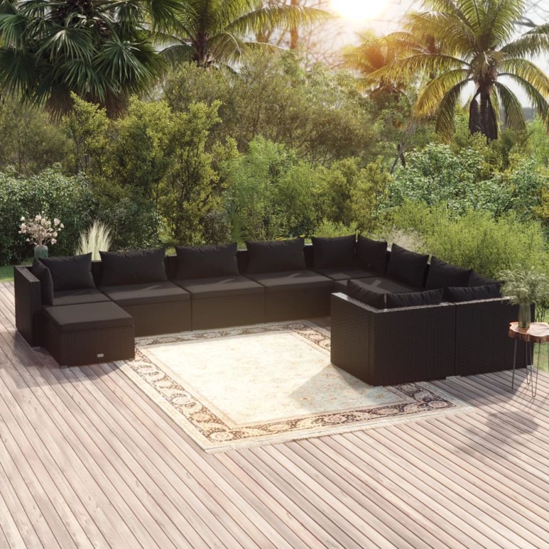 Set Divani da Giardino 10 pz con Cuscini in Polyrattan Nero Set Divani da Giardino 10 pz con Cuscini in Polyrattan Nero
