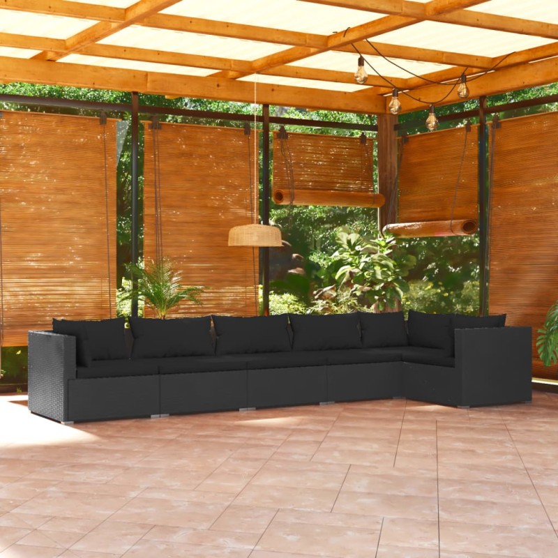 Set Divani da Giardino 6 pz con Cuscini in Polyrattan Nero Set Divani da Giardino 6 pz con Cuscini in Polyrattan Nero