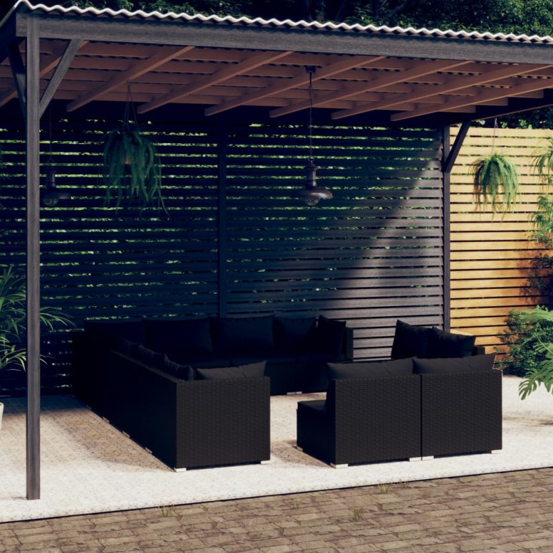Set Divani da Giardino 12 pz con Cuscini in Polyrattan Nero Set Divani da Giardino 12 pz con Cuscini in Polyrattan Nero
