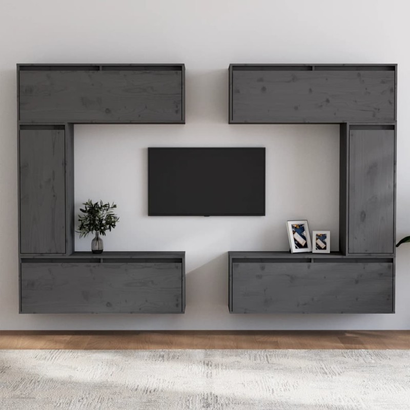 Mobili Porta TV 6 pz Grigi in Legno Massello di Pino Mobili Porta TV 6 pz Grigi in Legno Massello di Pino