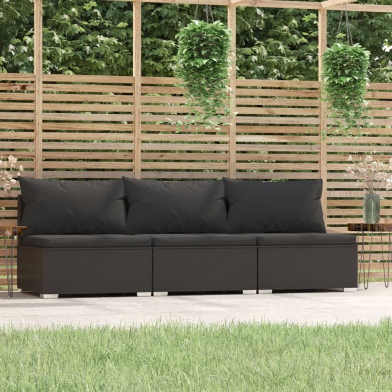 Divano a 3 Posti con Cuscini in Polyrattan Nero Divano a 3 Posti con Cuscini in Polyrattan Nero