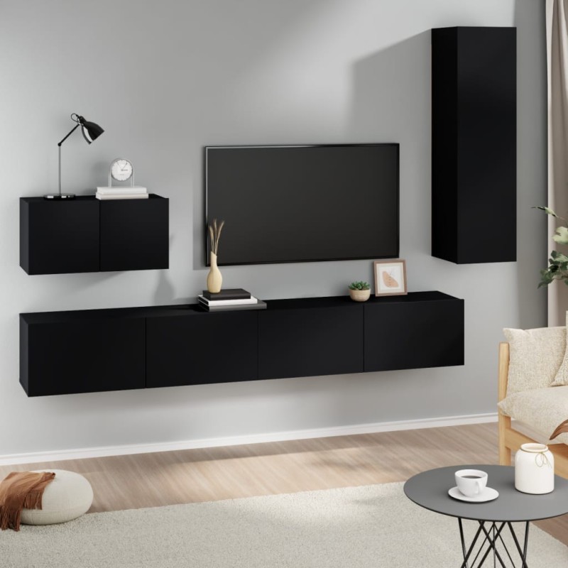 vidaXL Set Mobili Porta TV 4 pz Nero in Legno Multistrato vidaXL Set Mobili Porta TV 4 pz Nero in Legno Multistrato