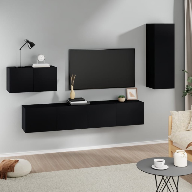 vidaXL Set Mobili Porta TV 4 pz Nero in Legno Multistrato vidaXL Set Mobili Porta TV 4 pz Nero in Legno Multistrato