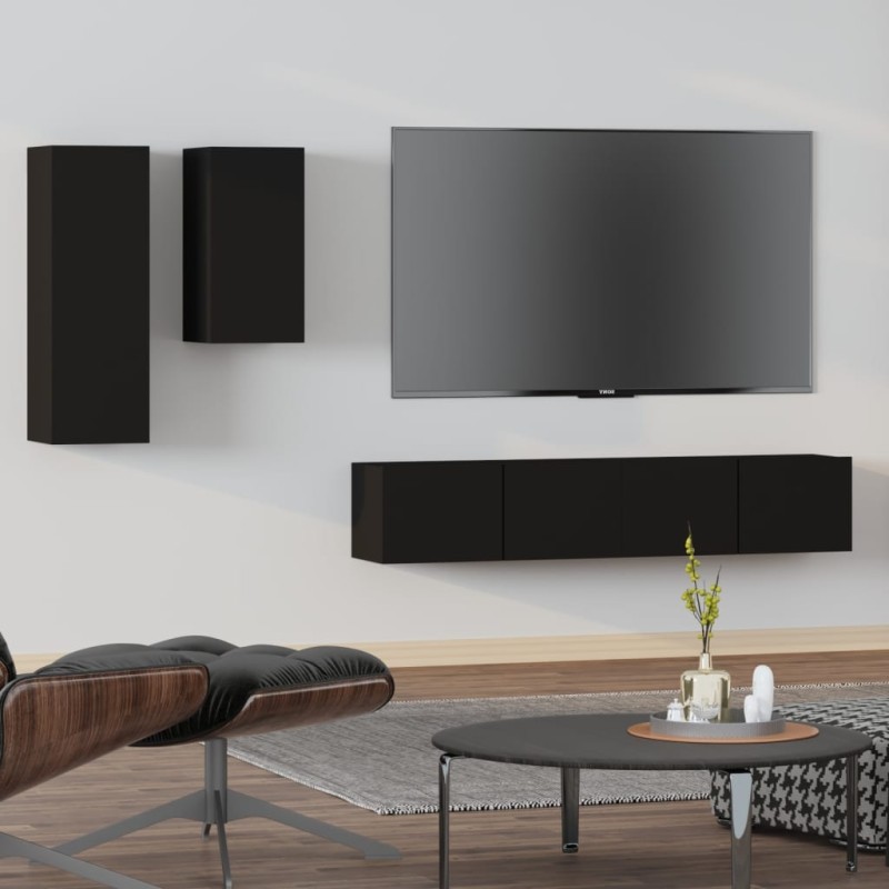 vidaXL Set Mobili Porta TV 4 pz Nero in Legno Multistrato vidaXL Set Mobili Porta TV 4 pz Nero in Legno Multistrato