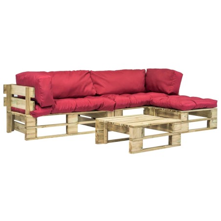 vidaXL Salotto da Giardino in Pallet con Cuscini Rossi 4 pz in Legno