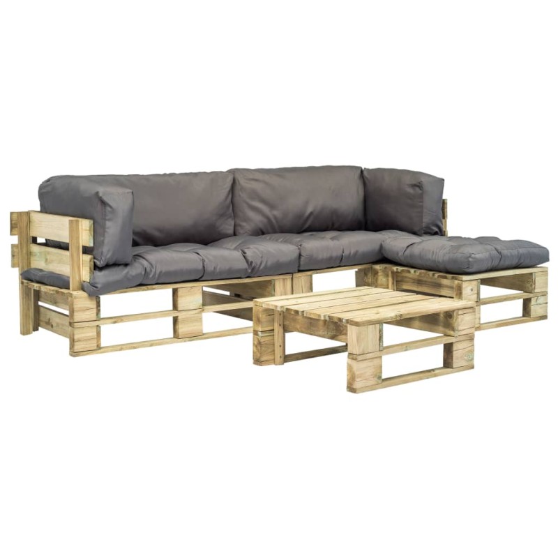 vidaXL Salotto da Giardino in Pallet con Cuscini Grigi 4 pz in Legno vidaXL Salotto da Giardino in Pallet con Cuscini Grigi 4 pz in Legno