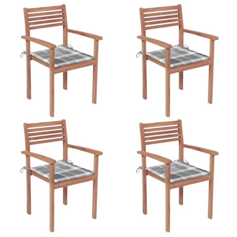Sedie Giardino 4 pz e Cuscini Grigie a Quadri Massello di Teak Sedie Giardino 4 pz e Cuscini Grigie a Quadri Massello di Teak