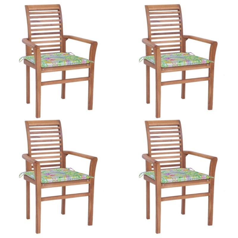 Sedie da Pranzo 4 pz Cuscini Motivo a Foglie Massello di Teak Sedie da Pranzo 4 pz Cuscini Motivo a Foglie Massello di Teak