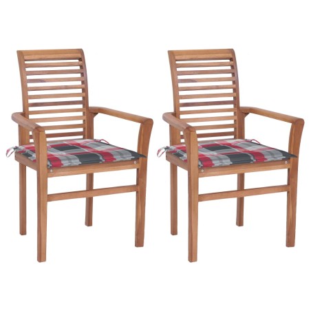 Sedie da Pranzo 2 pz e Cuscini Rossi a Quadri Massello di Teak