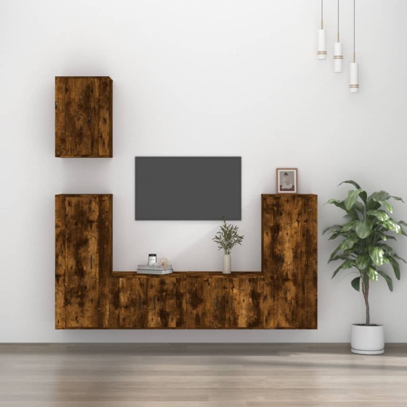 Set di Mobili Porta TV 5 pz Rovere Fumo in Legno Multistrato Set di Mobili Porta TV 5 pz Rovere Fumo in Legno Multistrato