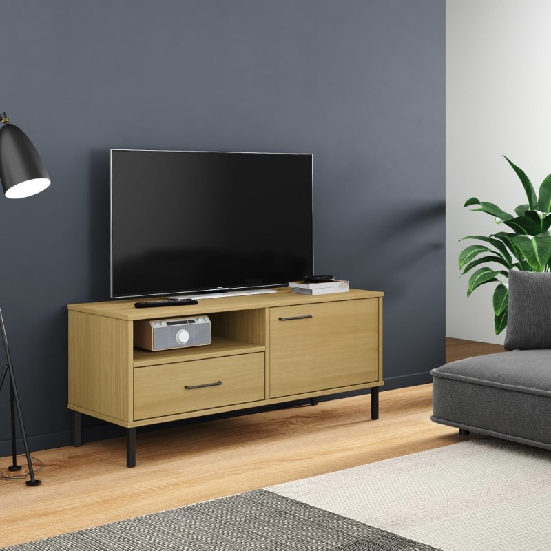 Mobile TV con Gambe Metallo Marrone Legno Massello di Pino OSLO Mobile TV con Gambe Metallo Marrone Legno Massello di Pino OSLO