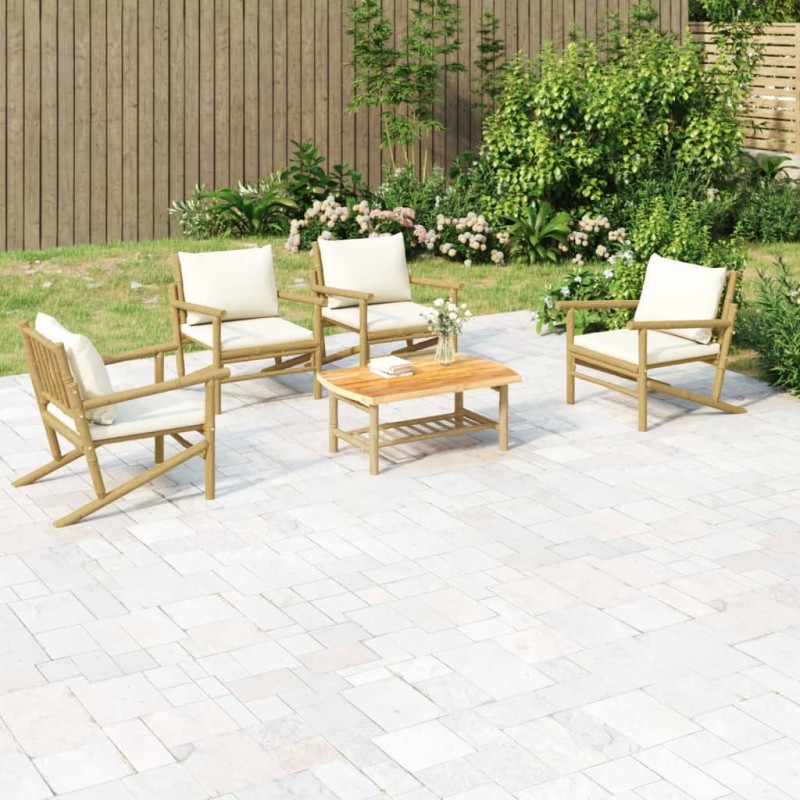 vidaXL Set Salotto da Giardino 5pz con Cuscini Bianco Crema in Bambù vidaXL Set Salotto da Giardino 5pz con Cuscini Bianco Crema in Bambù