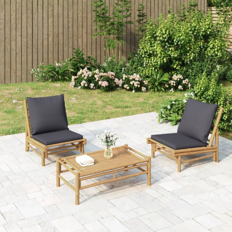 vidaXL Set Salotto da Giardino 3pz con Cuscini Grigio Scuro Bambù vidaXL Set Salotto da Giardino 3pz con Cuscini Grigio Scuro Bambù